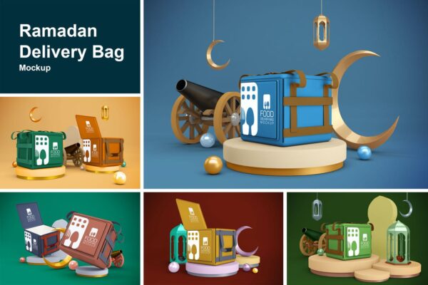 阿拉伯斋月风外卖送货箱设计贴图样机模板 Ramadan Delivery Bag