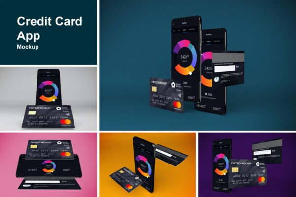 逼真信用卡APP界面设计展示贴图样机模板 Credit Card App Mockup