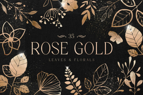 35款玫瑰金质感手绘树叶花朵剪贴画装饰素材 Rose Gold Leaves Florals Foil Elements