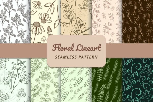 精美花卉树叶艺术矢量线条无缝隙图案设计素材 Floral Lineart Seamless Pattern