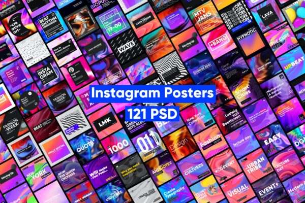 121款潮流全息渐变新媒体海报设计PSD模板 Instagram Posters【第198期】