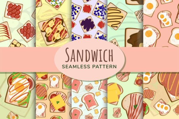 时尚三明治手绘插画PNG透明背景图片 Sandwich Seamless Pattern