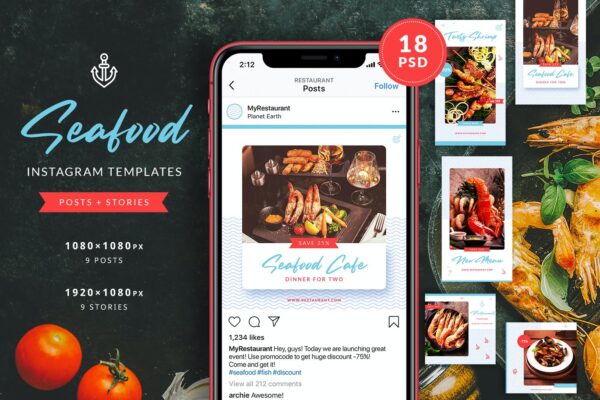 简约海鲜美食推广新媒体电商海报PSD模板 Seafood Restaurant Instagram