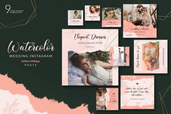 创意撕纸效果婚礼摄影品牌推广新媒体海报模板 Wedding Watercolor Instagram