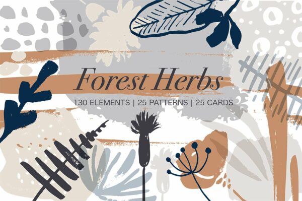 抽象花卉树叶手绘剪贴画设计素材合集 UPDATE Forest Herbs. Big Graphic Set