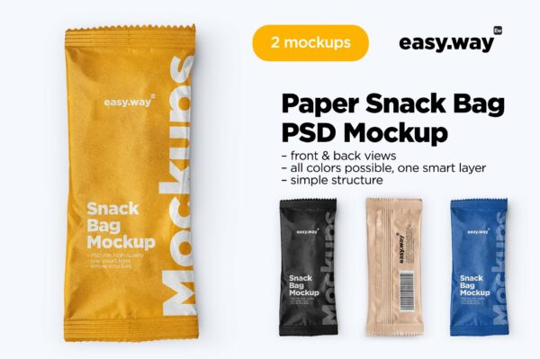 时尚食品糖果牛皮纸包装袋设计PSD样机 Kraft Paper Snack Bag PSD Mockup