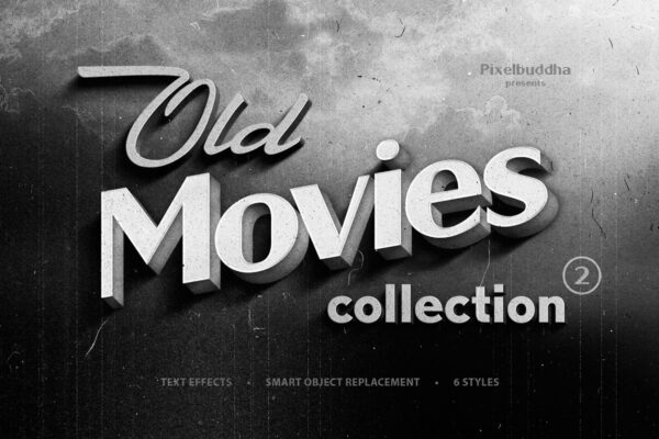 6个怀旧复古黑白调电影标题3D字体PS图层样式 Old Movie Titles Collection 2【第305期】
