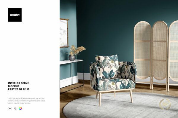 室内场景扶手椅子面料印花图案设计展示PS样机模板素材 Interior Scene Mockup (25FFv.10)