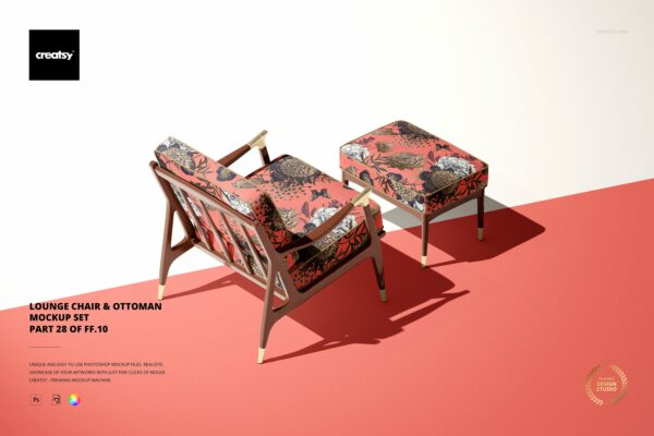 奥斯曼风休闲扶手椅子面料印花图案设计PS智能贴图样机合集 Lounge Chair & Ottoman Mockup Set