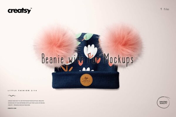 毛绒绒绒儿童毛线无檐小便帽设计展示样机集 Beanie with Fur Pompons Mockup Set