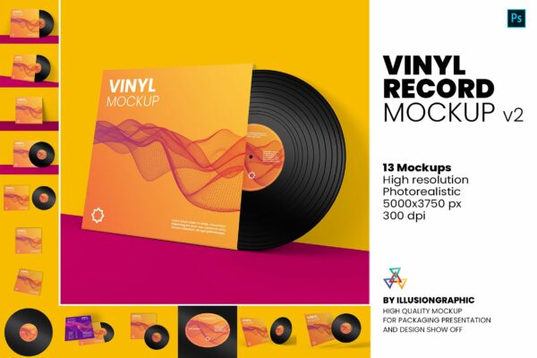 13个黑胶唱片封套封面设计样机PSD模板 Vinyl Record Mockup v.2