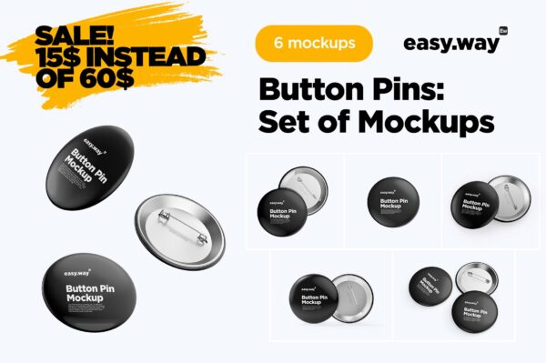 6个别针纽扣胸牌设计贴图PSD样机合集 Button Pins PSD Mockups Set