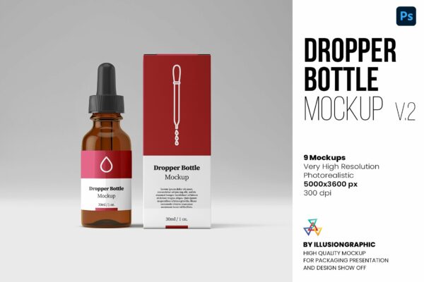 9款化妆品滴管瓶包装盒设计贴图样机模板 Dropper Bottle Mockup v.2 – 9 views