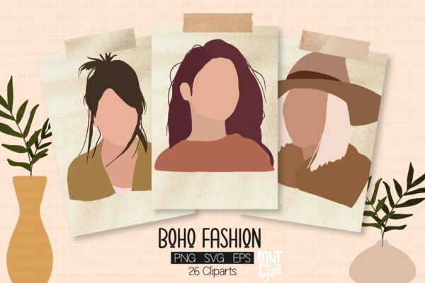 26个女性肖像树叶手绘剪贴画矢量图设计素材 Boho SVG, EPS, PNG Graphics