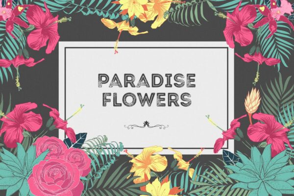 热带玫瑰花卉棕榈树枝无缝隙矢量图案素材 Paradise Flowers