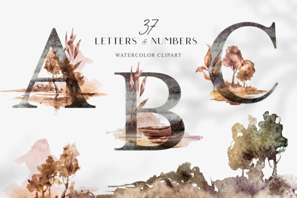37个优雅奢华字母数字花卉手绘水彩画PNG免扣图片素材 Watercolor Floral Alphabet Clipart