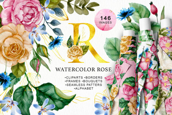 146款精美手绘水彩花卉字母PNG透明背景图片素材 Watercolor Flowers & Golden Alphabet