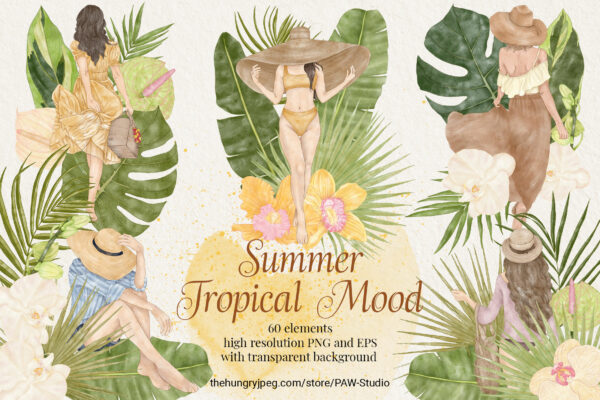 时尚夏季热带女孩棕榈叶花卉剪贴画PNG透明图片素材 Summer Tropical Fashion Girls Clipart
