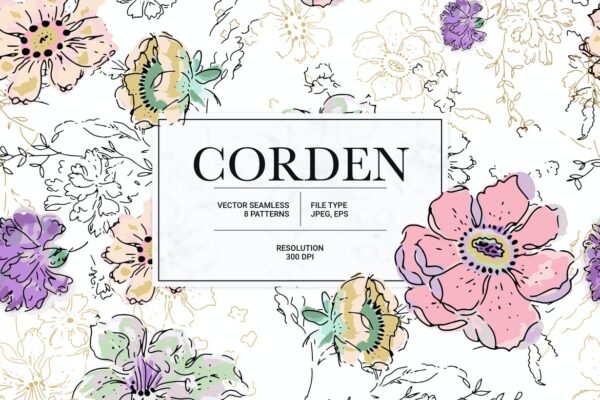 时尚花卉手绘水彩无缝隙图案矢量素材 Corden – Watercolor Seamless Flower Pattern