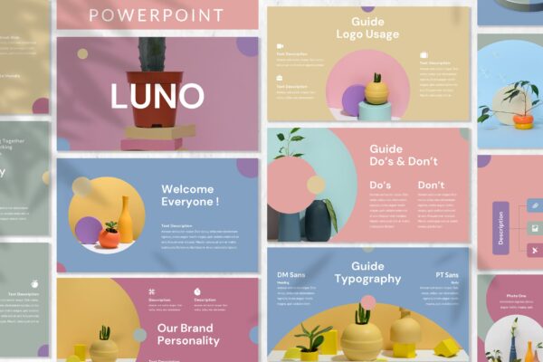 现代炫彩企业营销策划提案简报设计ppt模版 Luno – Brandbook Powerpoint Template