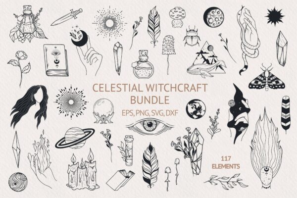 117种神秘巫术水晶植物天体手绘剪贴画矢量设计素材 Hand Drawn Celestial Witchcraft Bundle