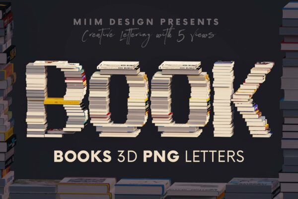 逼真书籍效果3D创意英文字母PNG透明图片设计素材 Books – 3D Lettering