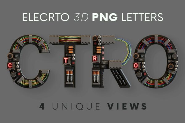 现代逼真电子原件风3D创意字母PNG免扣图片设计素材 Electro – 3D Lettering
