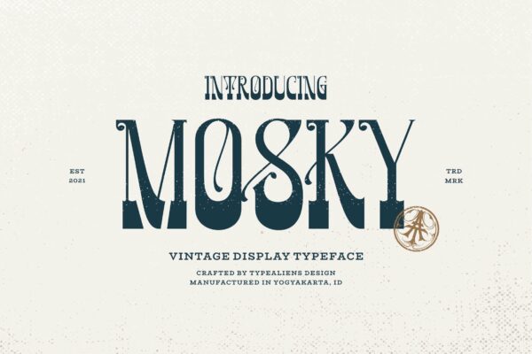 潮流复古逆反差酸性海报标题Logo衬线英文字体素材 Mosky Font