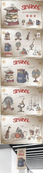 怀旧上学学校元素手绘插画矢量设计素材 School Memories Vintage Sketch Set