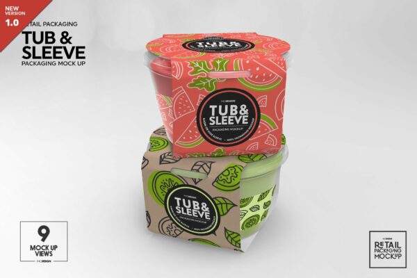 高品质食品外卖袖子包装标签设计展示样机 Tub and Sleeve Packaging Mockup