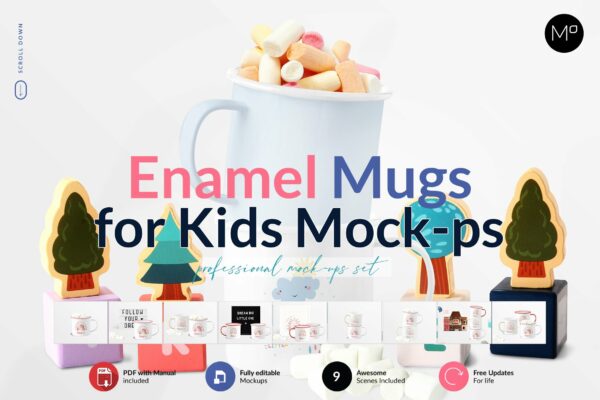 可爱儿童搪瓷马克杯设计贴图样机套装 Enamel Mugs for Kids Mock-ups Set