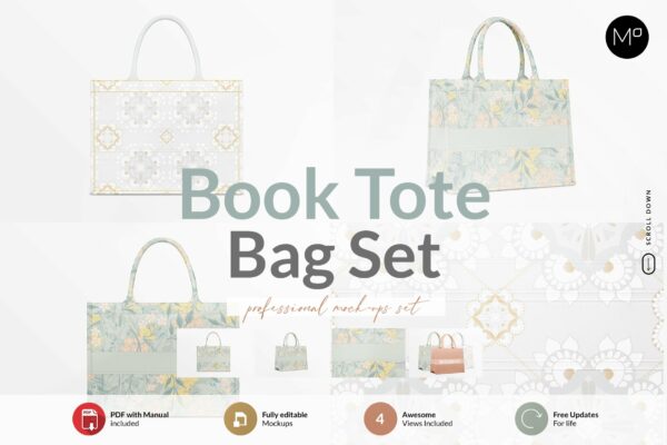现代奢华书籍手提袋设计展示样机模板素材 Book Tote Bag Set Mock-ups