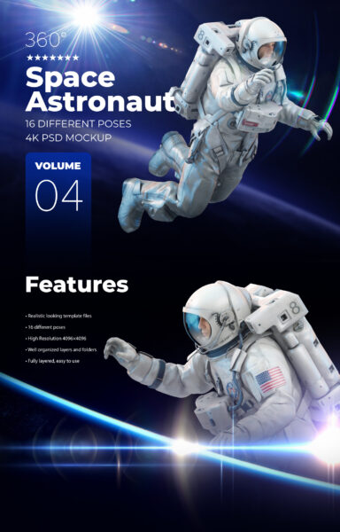 16款多角度太空宇航员3D模型平面设计PS素材源文件 3D Mockup Space Astronaut #04 -第431期-