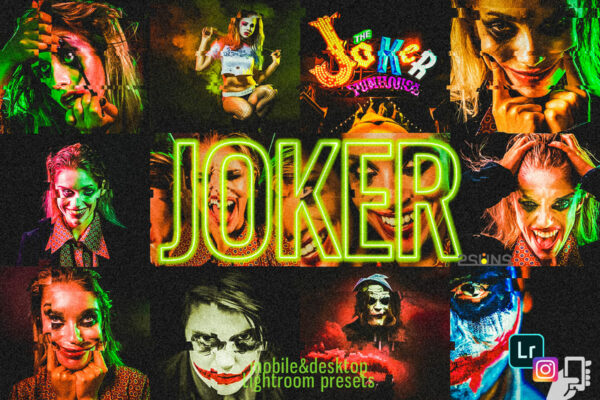万圣节主题摄影照片人像霓虹灯处理效果LR预设素材 9 Joker presets, Halloween presets, horror scary lightroom-第557期-