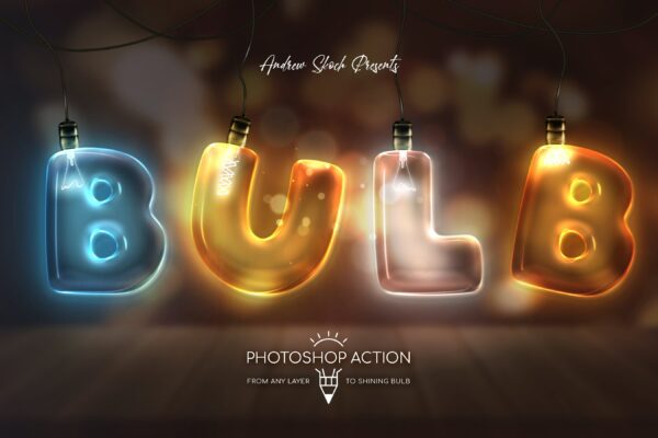 炫酷发光灯泡效果文字徽标设计处理PS动作 Light Bulb – Photoshop Action-第571期-