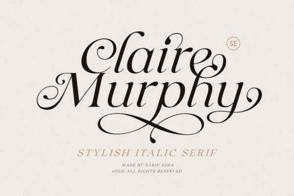 现代时尚杂志请柬徽标logo设计衬线英文字体素材 Claire Murphy – Stylish Italic Serif