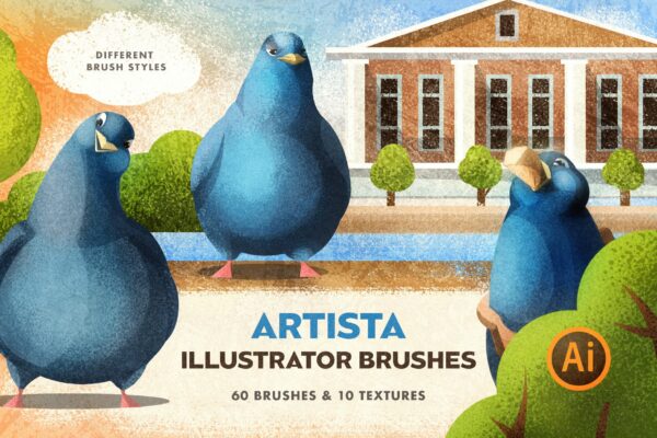 60款粗糙颗粒素描毛笔笔触效果AI笔刷 Artista Brushes For Illustrator-第517期-