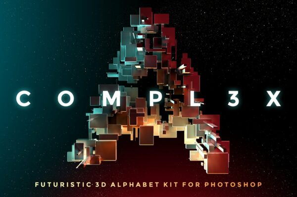 带有灯光科幻3D颗粒块状字母设计PS图层样式素材套件 COMPL3X – Futuristic 3D Alphabet Kit-第549期-