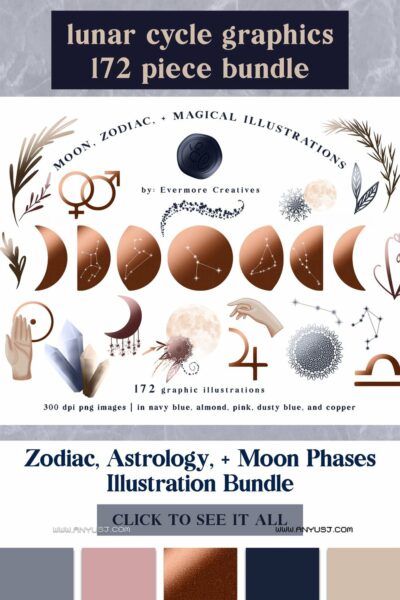 魔法月相生肖星座插图PNG免扣图片设计素材 Moon Phases Stars & Zodiac Signs Bundle