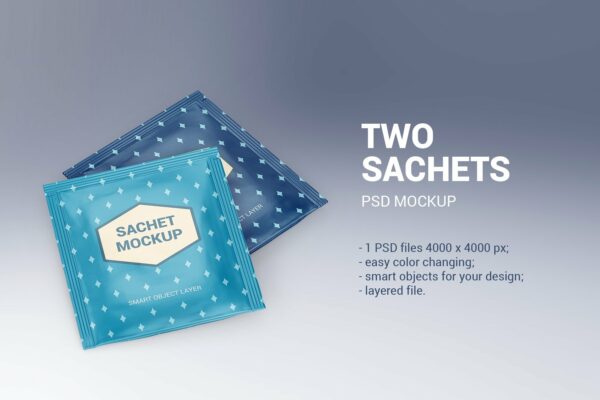 两款迷你食品调味袋设计贴图样机模板 Two Sachets Mockup