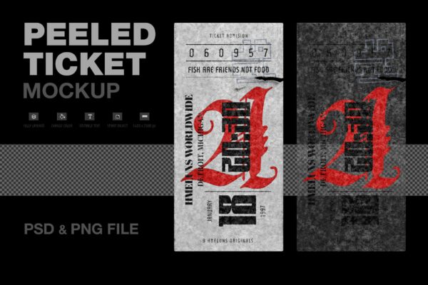 潮流做旧撕裂机票票务设计展示贴图样机 Peeled Ticket-第743期-第1165期-