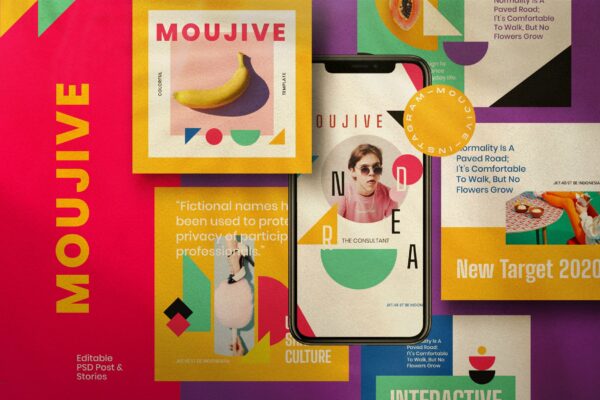 潮流撞色几何图形拼贴品牌推广新媒体海报设计PSD模板素材 MOUJIVE – Social Media Brand Pack-第740期-