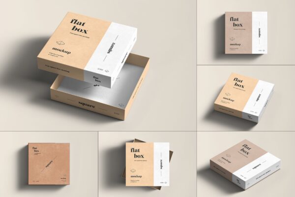 8款方形天地盖产品包装纸盒设计展示样机PSD模板素材 Flat Square Box Mockup