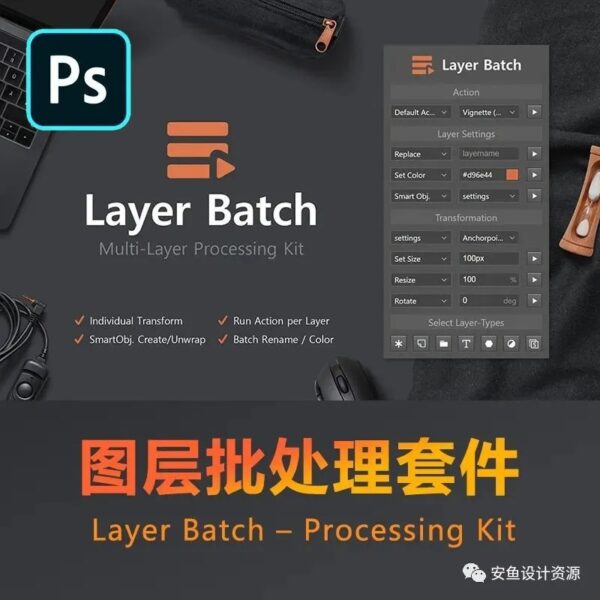 【汉化版】图层批量添加重命名智能对象图层大小Photoshop扩展插件 Layer Batch – Processing Kit -第742期-