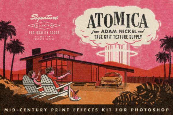 潮流复古版画油墨印染出血效果PS预设设计素材 True Grit – Atomica Mid-Century Print Effects-第720期-