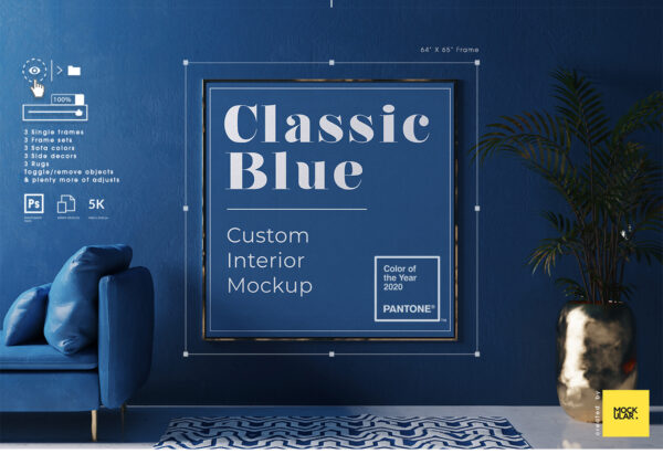 蓝色风格多规格室内画框海报设计展示样机 Classic Blue Interior Mockup-第914期-