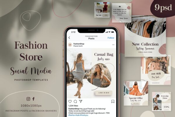 时尚优雅女性服装品牌推广新媒体电视海报模板 Fashion Instagram Shop-第1257期-