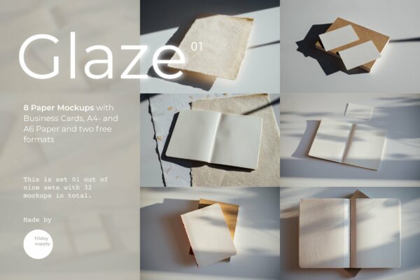 8款羊皮釉面纸名片书籍样机套装 Glaze Paper Mockups Set 01-第1026期-