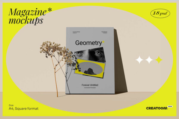 18款现代时尚A4画册杂志设计展示PS贴图样机模板套件 Geometry – Magazine Mockup Kit-第951期-