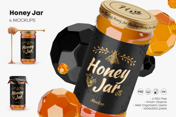 蜂蜜玻璃瓶标签设计展示样机 Honey Glass Jar Mockup Set-第944期-